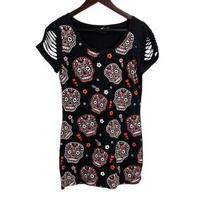 Banned Sugar Skull Print Dress Black‎ Cut-Out Sleeve Gothic Alt Punk Size L